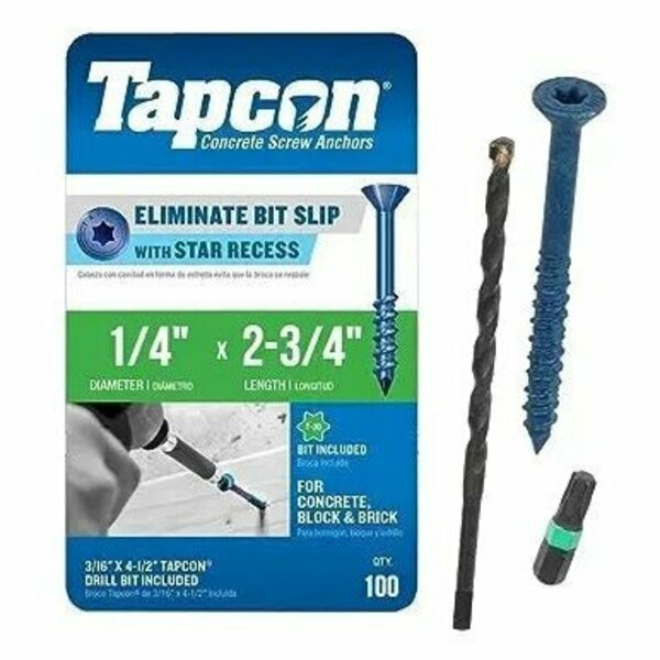 Tapcon 1/4-inch x 2-3/4-inch Climaseal Blue Flat Head T30 Concrete Screw Anchors With Drill Bit, 100PK 3340T30